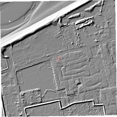 Shaded relief map of the ground around CH463SY, computed from Environment Agency LiDAR. The ground here sits at about 5 m above sea level and falls 11 m across the surrounding 800 m. Surface water reaching this point runs off ground lying to the east-north-east, 1.4 m higher.