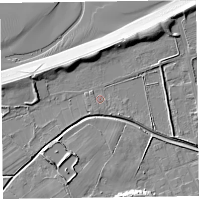 Shaded relief map of the ground around CH464TA, computed from Environment Agency LiDAR. The ground here sits at about 4 m above sea level and falls 13 m across the surrounding 800 m. The ground contributing surface water to this point lies to the south.