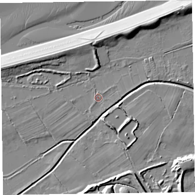 Shaded relief map of the ground around CH464TB, computed from Environment Agency LiDAR. The ground here sits at about 5 m above sea level and falls 13 m across the surrounding 800 m. Surface water reaching this point runs off ground lying to the south-south-east, 1.2 m higher.