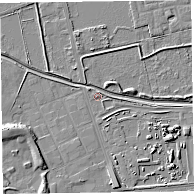 Shaded relief map of the ground around CH464TD, computed from Environment Agency LiDAR. The ground here sits at about 5 m above sea level and falls 10 m across the surrounding 800 m. Surface water reaching this point runs off ground lying to the south-east, 8.2 m higher.