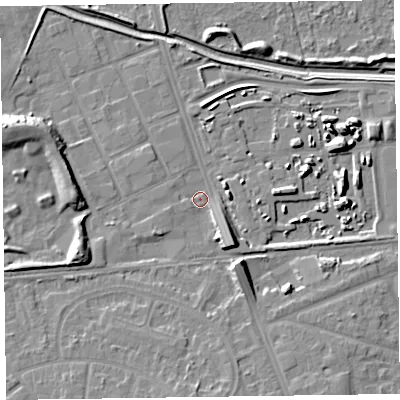 Shaded relief map of the ground around CH464TG, computed from Environment Agency LiDAR. The ground here sits at about 5 m above sea level and falls 10 m across the surrounding 800 m. Surface water reaching this point runs off ground lying to the west-south-west, 7.2 m higher.