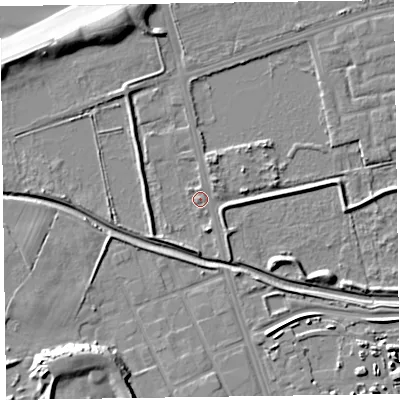 Shaded relief map of the ground around CH464TH, computed from Environment Agency LiDAR. The ground here sits at about 4 m above sea level and falls 12 m across the surrounding 800 m. Surface water reaching this point runs off ground lying to the north-north-west, 6.6 m higher.