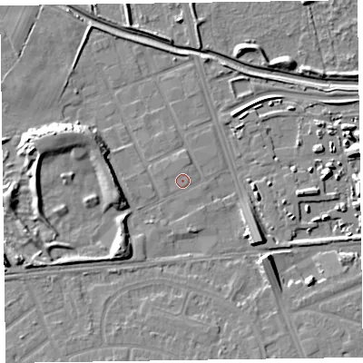 Shaded relief map of the ground around CH464TL, computed from Environment Agency LiDAR. The ground here sits at about 6 m above sea level and falls 10 m across the surrounding 800 m. The ground contributing surface water to this point lies to the west.