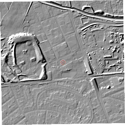 Shaded relief map of the ground around CH464TP, computed from Environment Agency LiDAR. The ground here sits at about 6 m above sea level and falls 10 m across the surrounding 800 m. Surface water reaching this point runs off ground lying to the south-south-east, 1.5 m higher.