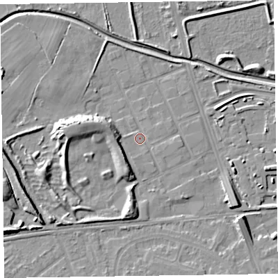 Shaded relief map of the ground around CH464TU, computed from Environment Agency LiDAR. The ground here sits at about 5 m above sea level and falls 10 m across the surrounding 800 m. Surface water reaching this point runs off ground lying to the west-north-west, 7.5 m higher.