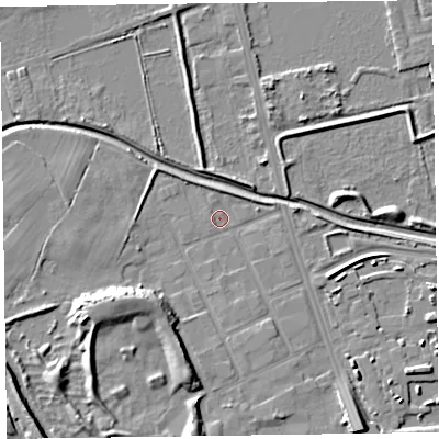 Shaded relief map of the ground around CH464UA, computed from Environment Agency LiDAR. The ground here sits at about 4 m above sea level and falls 10 m across the surrounding 800 m. Surface water reaching this point runs off ground lying to the south-west, 8.6 m higher.