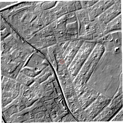 Shaded relief map of the ground around CH466AX, computed from Environment Agency LiDAR. The ground here sits at about 6 m above sea level and falls 9 m across the surrounding 800 m. Surface water reaching this point runs off ground lying to the east, 4.0 m higher.