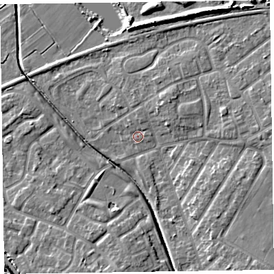 Shaded relief map of the ground around CH466BP, computed from Environment Agency LiDAR. The ground here sits at about 6 m above sea level and falls 10 m across the surrounding 800 m. Surface water reaching this point runs off ground lying to the north, 1.3 m higher.