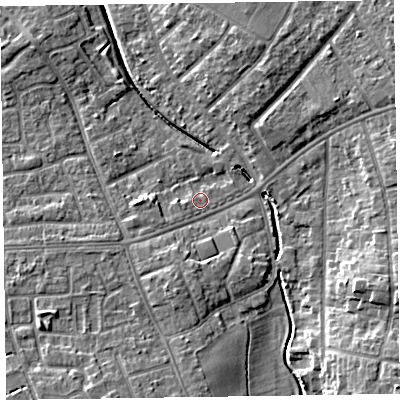 Shaded relief map of the ground around CH466DG, computed from Environment Agency LiDAR. The ground here sits at about 8 m above sea level and falls 11 m across the surrounding 800 m. Surface water reaching this point runs off ground lying to the south-east, 8.4 m higher.