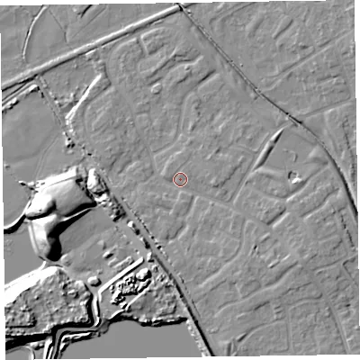 Shaded relief map of the ground around CH466DT, computed from Environment Agency LiDAR. The ground here sits at about 7 m above sea level and falls 16 m across the surrounding 800 m. Surface water reaching this point runs off ground lying to the south, 6.1 m higher.