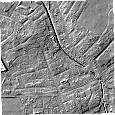 Shaded relief map of the ground around CH466DY, computed from Environment Agency LiDAR. The ground here sits at about 7 m above sea level and falls 9 m across the surrounding 800 m. Surface water reaching this point runs off ground lying to the south, 2.1 m higher.