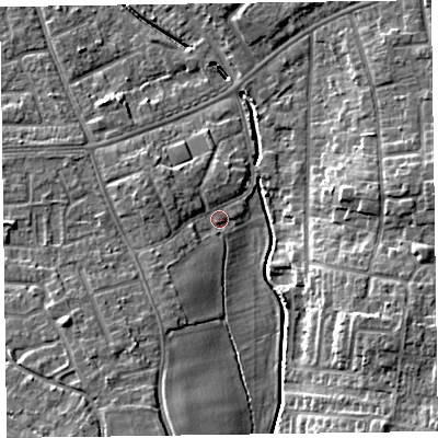 Shaded relief map of the ground around CH466EB, computed from Environment Agency LiDAR. The ground here sits at about 10 m above sea level and falls 10 m across the surrounding 800 m. Surface water reaching this point runs off ground lying to the south-west, 2.9 m higher.