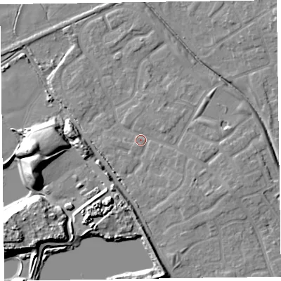 Shaded relief map of the ground around CH466EF, computed from Environment Agency LiDAR. The ground here sits at about 7 m above sea level and falls 16 m across the surrounding 800 m. Surface water reaching this point runs off ground lying to the south, 5.9 m higher.
