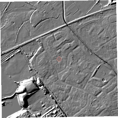 Shaded relief map of the ground around CH466FA, computed from Environment Agency LiDAR. The ground here sits at about 6 m above sea level and falls 15 m across the surrounding 800 m. Surface water reaching this point runs off ground lying to the south, 0.8 m higher.