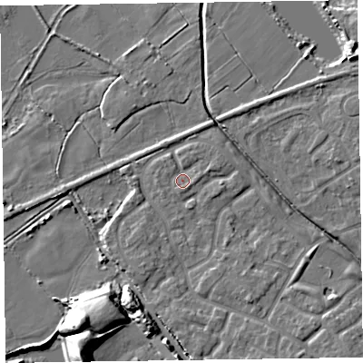 Shaded relief map of the ground around CH466FB, computed from Environment Agency LiDAR. The ground here sits at about 6 m above sea level and falls 15 m across the surrounding 800 m. Surface water reaching this point runs off ground lying to the south-east, 1.3 m higher.