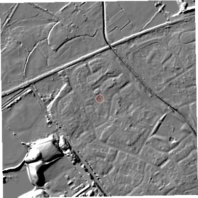 Shaded relief map of the ground around CH466FE, computed from Environment Agency LiDAR. The ground here sits at about 6 m above sea level and falls 15 m across the surrounding 800 m. Surface water reaching this point runs off ground lying to the north-north-west, 0.9 m higher.