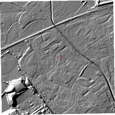 Shaded relief map of the ground around CH466FF, computed from Environment Agency LiDAR. The ground here sits at about 6 m above sea level and falls 15 m across the surrounding 800 m. Surface water reaching this point runs off ground lying to the south-south-east, 4.7 m higher.