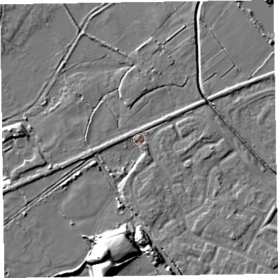 Shaded relief map of the ground around CH466FR, computed from Environment Agency LiDAR. The ground here sits at about 6 m above sea level and falls 16 m across the surrounding 800 m. Surface water reaching this point runs off ground lying to the south-east, 4.1 m higher.