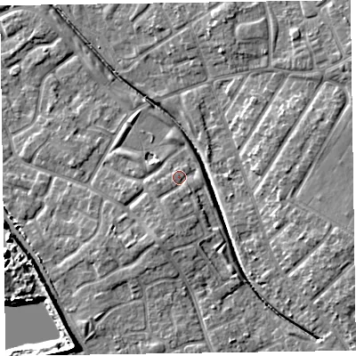 Shaded relief map of the ground around CH466HG, computed from Environment Agency LiDAR. The ground here sits at about 7 m above sea level and falls 11 m across the surrounding 800 m. Surface water reaching this point runs off ground lying to the south-south-west, 2.6 m higher.