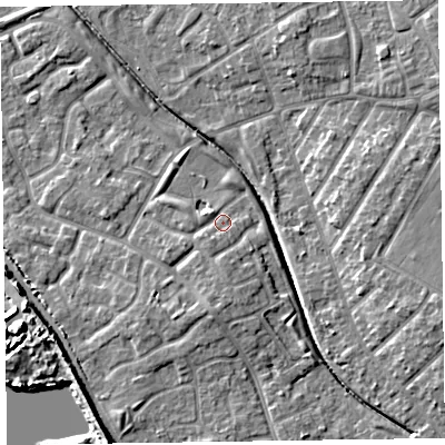 Shaded relief map of the ground around CH466HH, computed from Environment Agency LiDAR. The ground here sits at about 7 m above sea level and falls 11 m across the surrounding 800 m. Surface water reaching this point runs off ground lying to the south-west, 2.0 m higher.