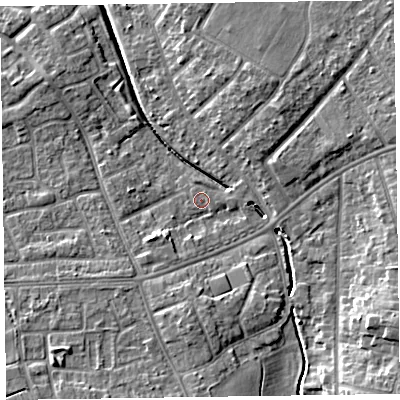 Shaded relief map of the ground around CH466HW, computed from Environment Agency LiDAR. The ground here sits at about 8 m above sea level and falls 9 m across the surrounding 800 m. Surface water reaching this point runs off ground lying to the south-east, 7.7 m higher.