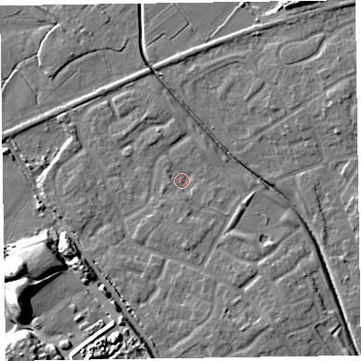 Shaded relief map of the ground around CH466JH, computed from Environment Agency LiDAR. The ground here sits at about 6 m above sea level and falls 15 m across the surrounding 800 m. Surface water reaching this point runs off ground lying to the south-south-east, 1.7 m higher.