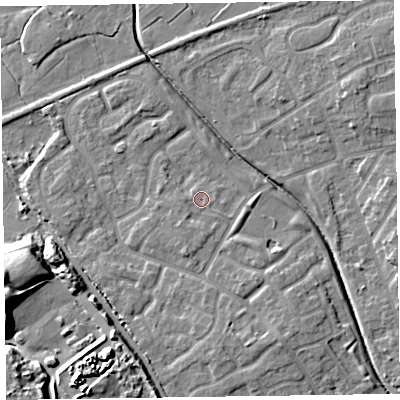 Shaded relief map of the ground around CH466JQ, computed from Environment Agency LiDAR. The ground here sits at about 6 m above sea level and falls 13 m across the surrounding 800 m. Surface water reaching this point runs off ground lying to the south-south-west, 2.2 m higher.
