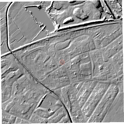 Shaded relief map of the ground around CH467SW, computed from Environment Agency LiDAR. The ground here sits at about 7 m above sea level and falls 10 m across the surrounding 800 m. Surface water reaching this point runs off ground lying to the east, 1.6 m higher.