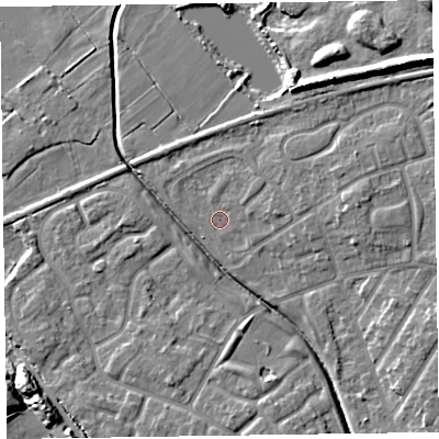 Shaded relief map of the ground around CH467SY, computed from Environment Agency LiDAR. The ground here sits at about 5 m above sea level and falls 10 m across the surrounding 800 m. Surface water reaching this point runs off ground lying to the east, 3.1 m higher.