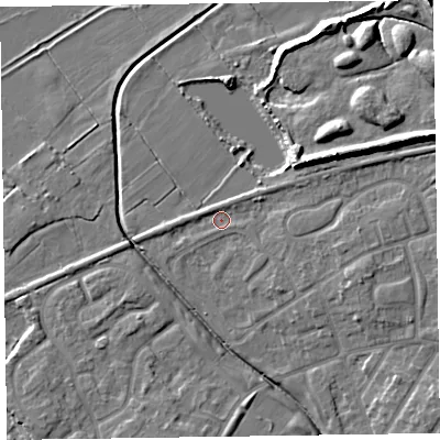 Shaded relief map of the ground around CH467SZ, computed from Environment Agency LiDAR. The ground here sits at about 5 m above sea level and falls 10 m across the surrounding 800 m. Surface water reaching this point runs off ground lying to the east-south-east, 3.4 m higher.