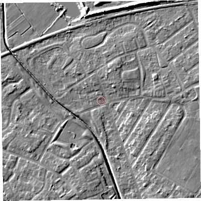 Shaded relief map of the ground around CH467TD, computed from Environment Agency LiDAR. The ground here sits at about 6 m above sea level and falls 10 m across the surrounding 800 m. Surface water reaching this point runs off ground lying to the south-east, 4.1 m higher.