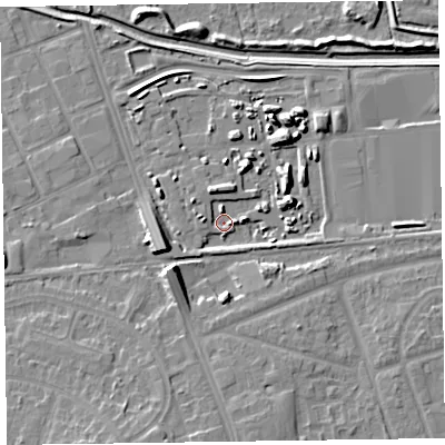 Shaded relief map of the ground around CH468AB, computed from Environment Agency LiDAR. The ground here sits at about 5 m above sea level and falls 9 m across the surrounding 800 m. Surface water reaching this point runs off ground lying to the east-north-east, 4.3 m higher.
