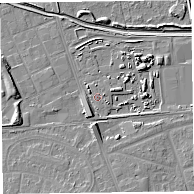 Shaded relief map of the ground around CH468AD, computed from Environment Agency LiDAR. The ground here sits at about 6 m above sea level and falls 10 m across the surrounding 800 m. Surface water reaching this point runs off ground lying to the east, 1.1 m higher.