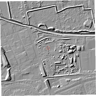 Shaded relief map of the ground around CH468AE, computed from Environment Agency LiDAR. The ground here sits at about 4 m above sea level and falls 10 m across the surrounding 800 m. Surface water reaching this point runs off ground lying to the south-east, 7.7 m higher.