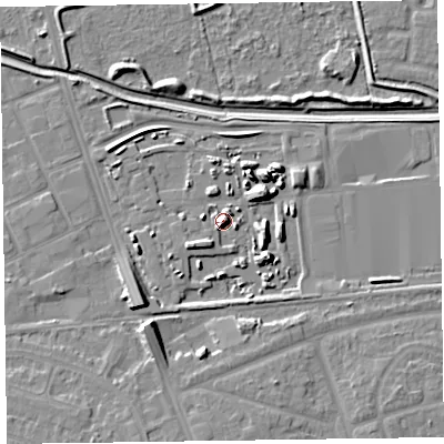 Shaded relief map of the ground around CH468AF, computed from Environment Agency LiDAR. The ground here sits at about 9 m above sea level and falls 9 m across the surrounding 800 m. Surface water reaching this point runs off ground lying to the south-east, 6.4 m higher.