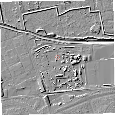 Shaded relief map of the ground around CH468AG, computed from Environment Agency LiDAR. The ground here sits at about 5 m above sea level and falls 9 m across the surrounding 800 m. Surface water reaching this point runs off ground lying to the south-east, 7.7 m higher.