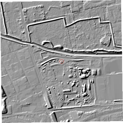 Shaded relief map of the ground around CH468AH, computed from Environment Agency LiDAR. The ground here sits at about 4 m above sea level and falls 10 m across the surrounding 800 m. Surface water reaching this point runs off ground lying to the south-east, 8.2 m higher.