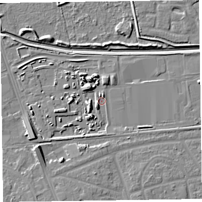 Shaded relief map of the ground around CH468AL, computed from Environment Agency LiDAR. The ground here sits at about 5 m above sea level and falls 9 m across the surrounding 800 m. Surface water reaching this point runs off ground lying to the south-south-west, 7.4 m higher.