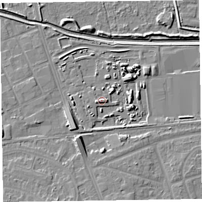 Shaded relief map of the ground around CH468AN, computed from Environment Agency LiDAR. The ground here sits at about 7 m above sea level and falls 9 m across the surrounding 800 m. Surface water reaching this point runs off ground lying to the west-south-west, 4.4 m higher.