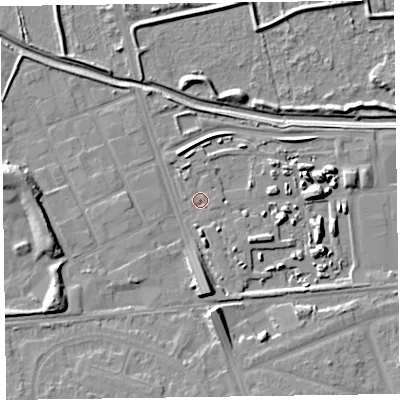 Shaded relief map of the ground around CH468AP, computed from Environment Agency LiDAR. The ground here sits at about 5 m above sea level and falls 10 m across the surrounding 800 m. Surface water reaching this point runs off ground lying to the north-north-west, 1.9 m higher.