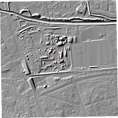 Shaded relief map of the ground around CH468AQ, computed from Environment Agency LiDAR. The ground here sits at about 5 m above sea level and falls 9 m across the surrounding 800 m. Surface water reaching this point runs off ground lying to the east-south-east, 7.4 m higher.
