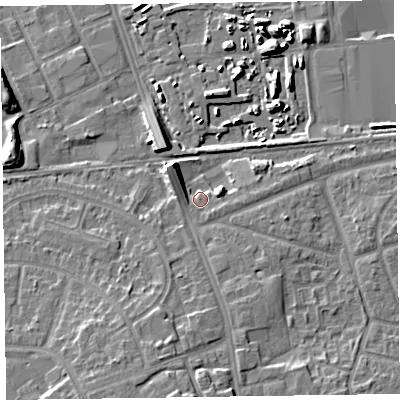 Shaded relief map of the ground around CH468SD, computed from Environment Agency LiDAR. The ground here sits at about 8 m above sea level and falls 10 m across the surrounding 800 m. Surface water reaching this point runs off ground lying to the south, 7.3 m higher.