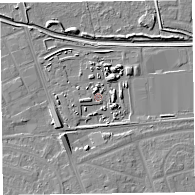 Shaded relief map of the ground around CH468SE, computed from Environment Agency LiDAR. The ground here sits at about 5 m above sea level and falls 9 m across the surrounding 800 m. Surface water reaching this point runs off ground lying to the east-south-east, 6.4 m higher.