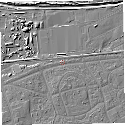 Shaded relief map of the ground around CH468SQ, computed from Environment Agency LiDAR. The ground here sits at about 6 m above sea level and falls 9 m across the surrounding 800 m. Surface water reaching this point runs off ground lying to the south-west, 3.8 m higher.
