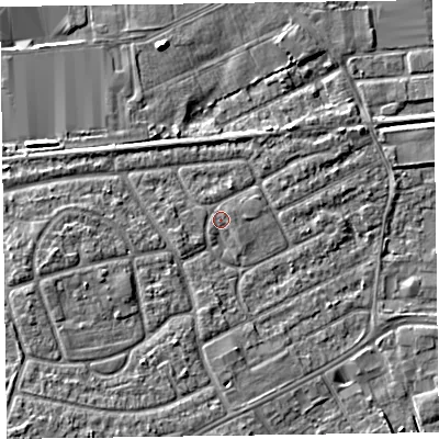 Shaded relief map of the ground around CH468UA, computed from Environment Agency LiDAR. The ground here sits at about 5 m above sea level and falls 7 m across the surrounding 800 m. Surface water reaching this point runs off ground lying to the south-west, 3.6 m higher.