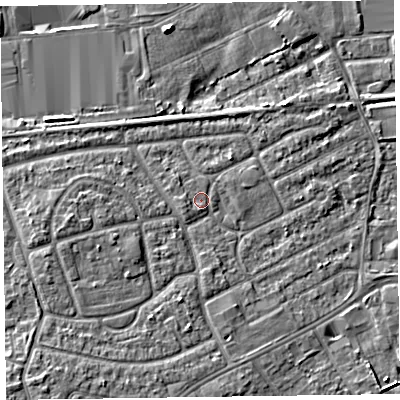 Shaded relief map of the ground around CH468UB, computed from Environment Agency LiDAR. The ground here sits at about 6 m above sea level and falls 7 m across the surrounding 800 m. Surface water reaching this point runs off ground lying to the west-south-west, 0.9 m higher.