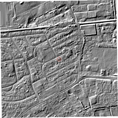 Shaded relief map of the ground around CH468UD, computed from Environment Agency LiDAR. The ground here sits at about 5 m above sea level and falls 6 m across the surrounding 800 m. Surface water reaching this point runs off ground lying to the south-west, 1.3 m higher.