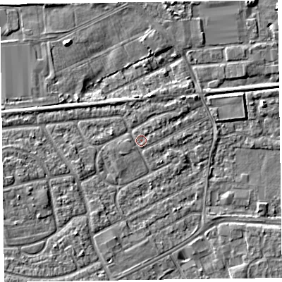 Shaded relief map of the ground around CH468UJ, computed from Environment Agency LiDAR. The ground here sits at about 5 m above sea level and falls 6 m across the surrounding 800 m. Surface water reaching this point runs off ground lying to the south-west, 3.9 m higher.