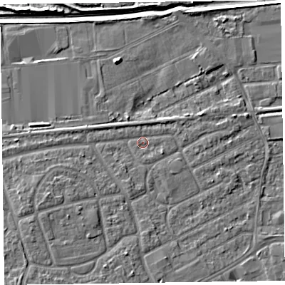Shaded relief map of the ground around CH468UN, computed from Environment Agency LiDAR. The ground here sits at about 5 m above sea level and falls 7 m across the surrounding 800 m. Surface water reaching this point runs off ground lying to the south-west, 3.9 m higher.