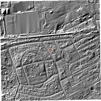 Shaded relief map of the ground around CH468UQ, computed from Environment Agency LiDAR. The ground here sits at about 6 m above sea level and falls 7 m across the surrounding 800 m. Surface water reaching this point runs off ground lying to the west-south-west, 2.7 m higher.